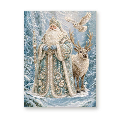 Straight dimensional white-background mockup of the complete artwork — Ice Blue Father Christmas and Reindeer. Pearl diamond painting DIY kit by Isuvio.