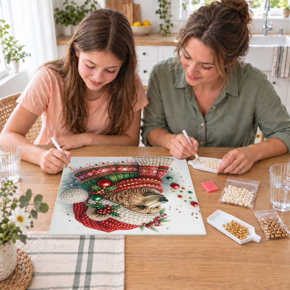 Mother and daughter creating one shared Pearl artwork — Christmas Bear in a Red Nordic Sweater. Pearl diamond painting DIY kit by Isuvio.