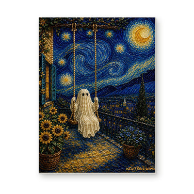 Straight dimensional white-background mockup of the complete artwork — Ghost on a Swing Beneath a Swirling Night Sky. Pearl diamond painting DIY kit by Isuvio.