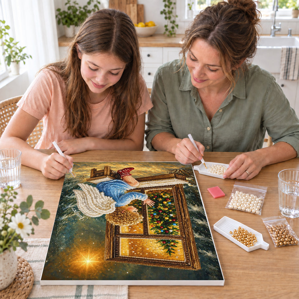Mother and daughter creating one shared Pearl artwork — Little Angel Watching a Christmas Tree Through a Window. Pearl diamond painting DIY kit by Isuvio.