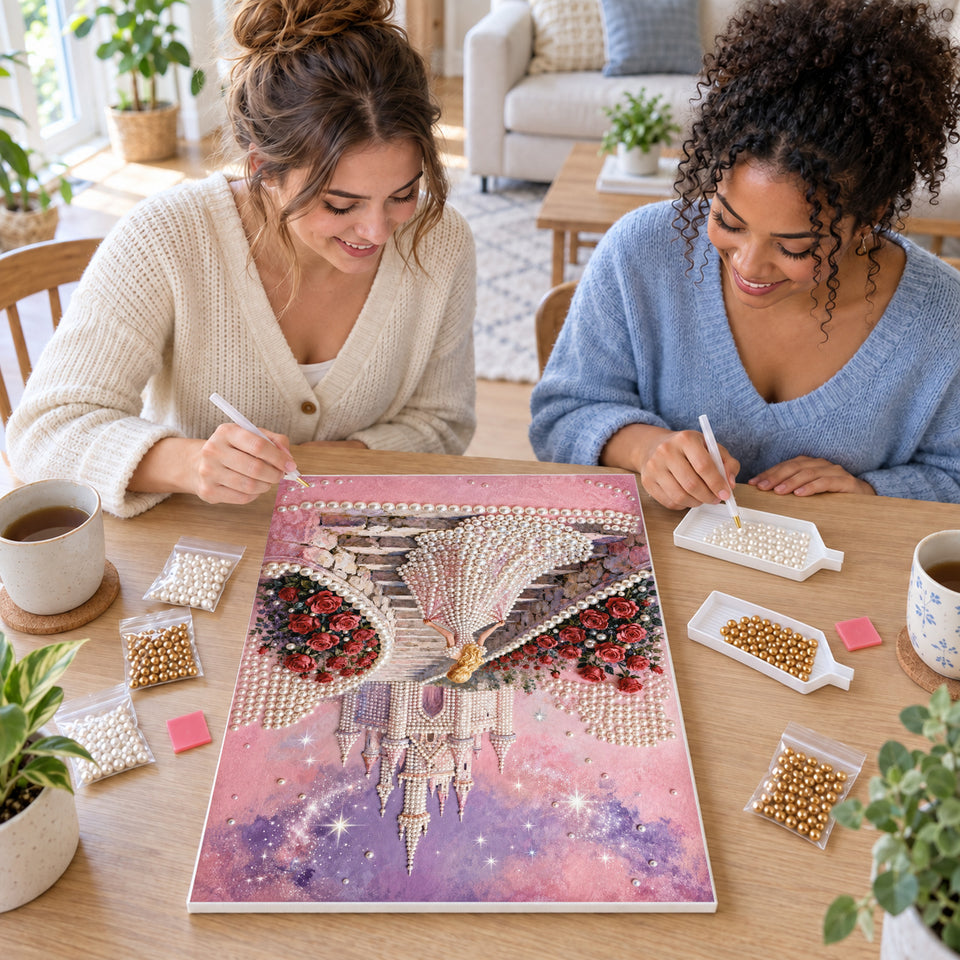 Two friends creating one shared Pearl artwork — Princess Path to a Starlit Castle. Pearl diamond painting DIY kit by Isuvio.