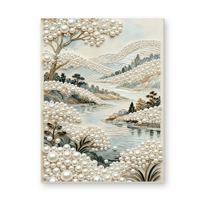 Straight dimensional white-background mockup of the complete artwork — Quiet River Through Pearl-White Hills. Pearl diamond painting DIY kit by Isuvio.