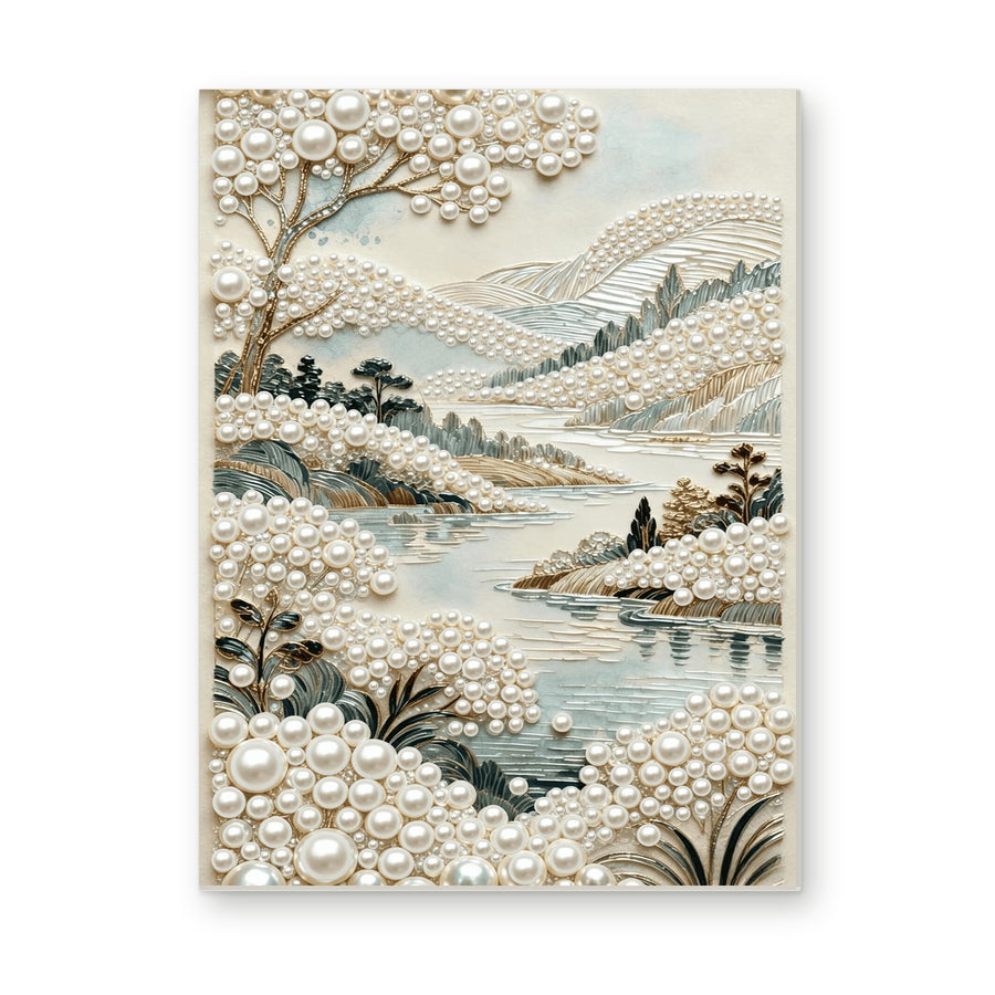Straight dimensional white-background mockup of the complete artwork — Quiet River Through Pearl-White Hills. Pearl diamond painting DIY kit by Isuvio.