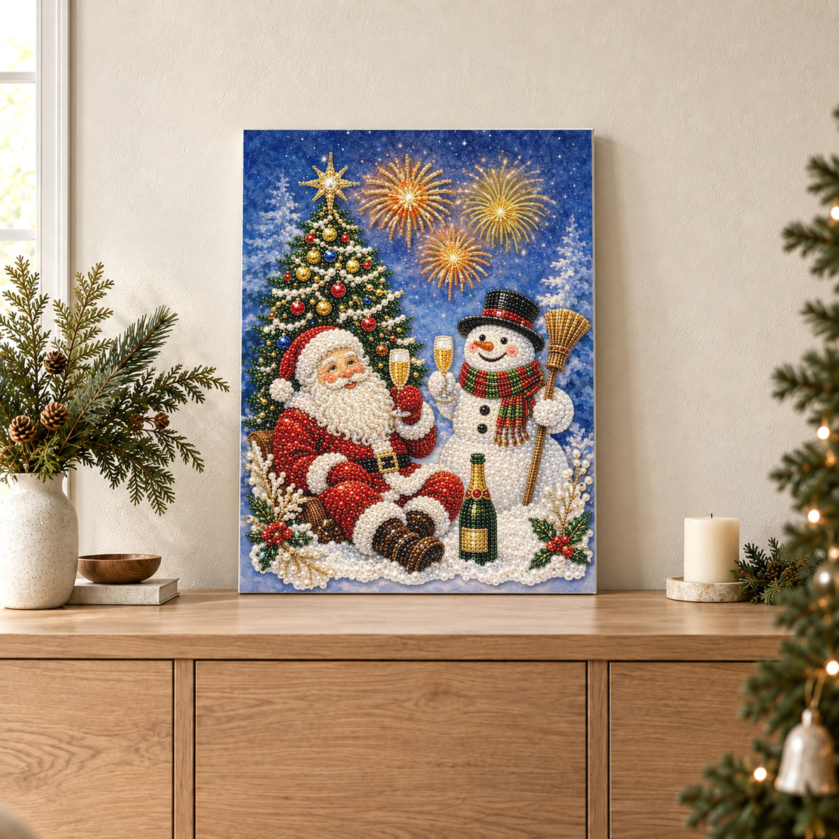 Père Noël et bonhomme de neige font la fête sous les feux d’artifice