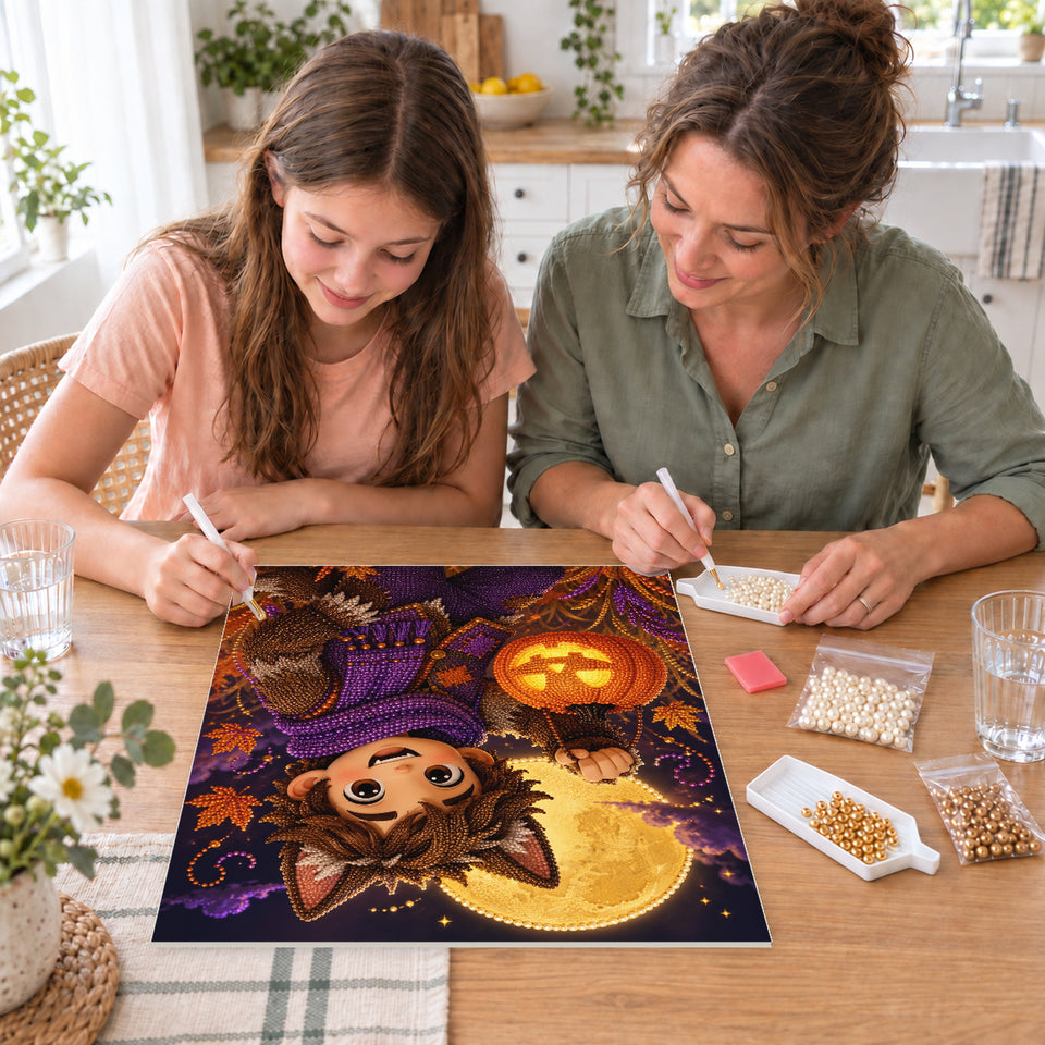 Mother and daughter creating one shared Pearl artwork — Little Werewolf with a Pumpkin Lantern. Pearl diamond painting DIY kit by Isuvio.