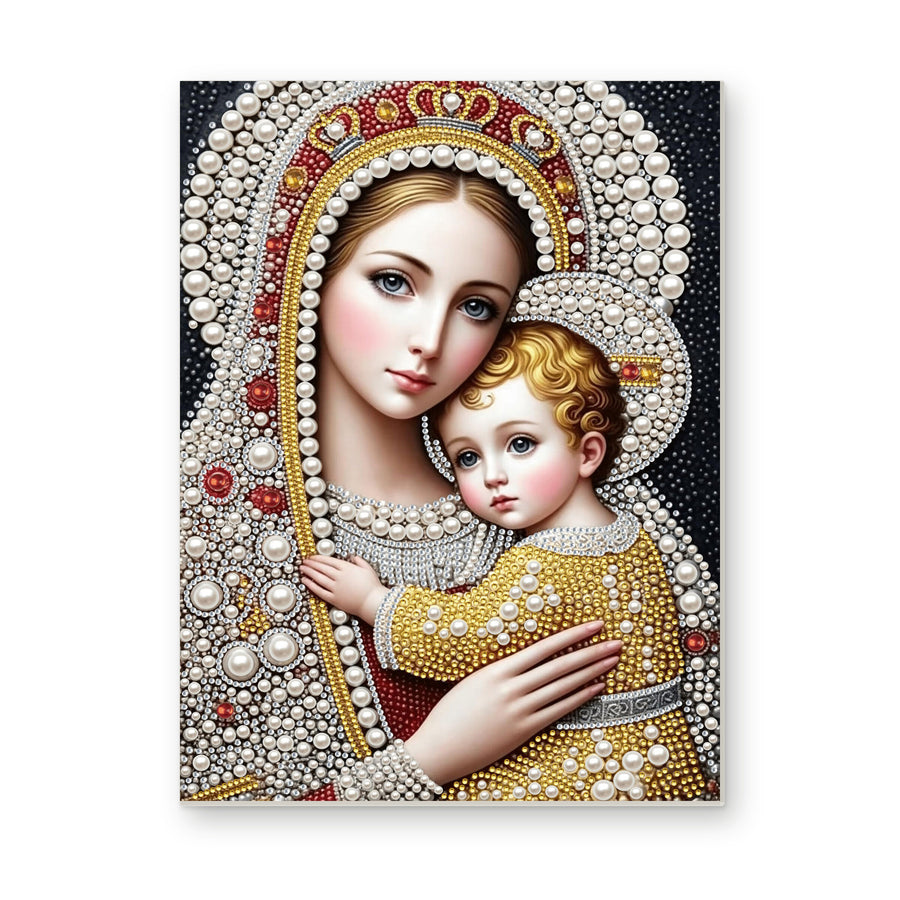 Straight dimensional white-background mockup of the complete artwork — Madonna and Child with Pearl Crowns. Pearl diamond painting DIY kit by Isuvio.