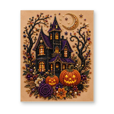 Straight dimensional white-background mockup of the complete artwork — Purple-Roofed Haunted House with Pumpkins and Roses. Pearl diamond painting DIY kit by Isuvio.