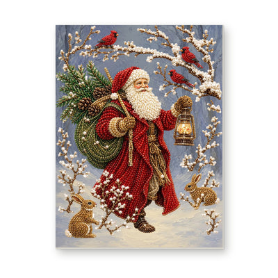 Straight dimensional white-background mockup of the complete artwork — Woodland Santa with a Lantern and Rabbits. Pearl diamond painting DIY kit by Isuvio.