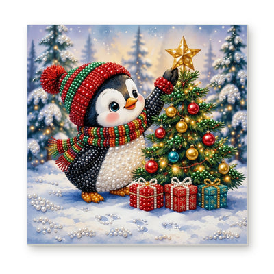 Straight dimensional white-background mockup of the complete artwork — Penguin Reaching for a Christmas Star. Pearl diamond painting DIY kit by Isuvio.