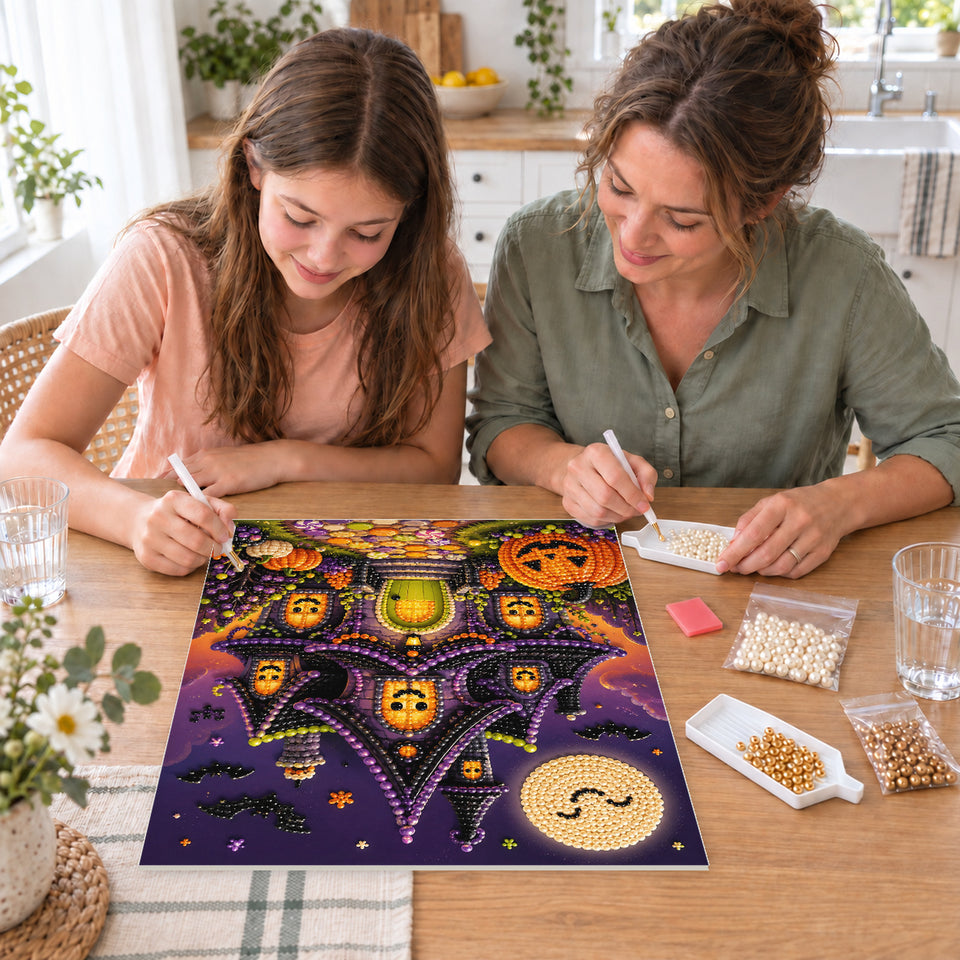 Mother and daughter creating one shared Pearl artwork — Whimsical Haunted House with Glowing Pumpkin Windows. Pearl diamond painting DIY kit by Isuvio.