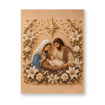 Straight dimensional white-background mockup of the complete artwork — Holy Family Beneath a Golden Star. Pearl diamond painting DIY kit by Isuvio.