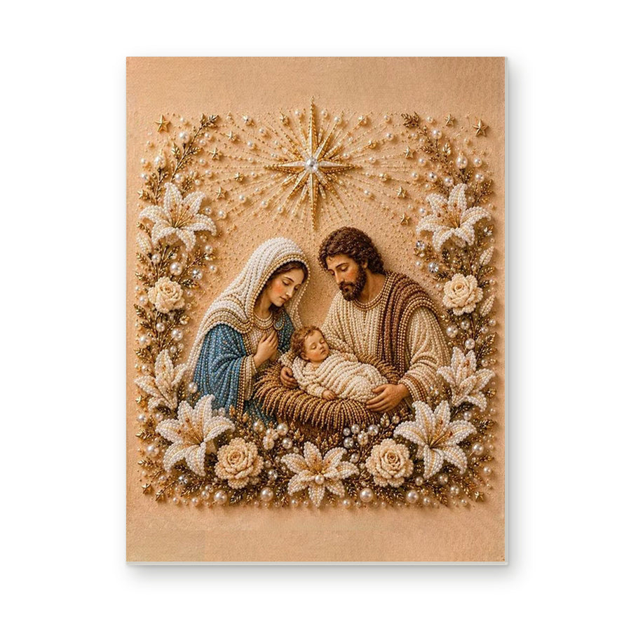 Straight dimensional white-background mockup of the complete artwork — Holy Family Beneath a Golden Star. Pearl diamond painting DIY kit by Isuvio.
