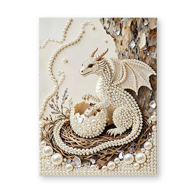 Straight dimensional white-background mockup of the complete artwork — White Pearl Dragon Guarding a Nest. Pearl diamond painting DIY kit by Isuvio.