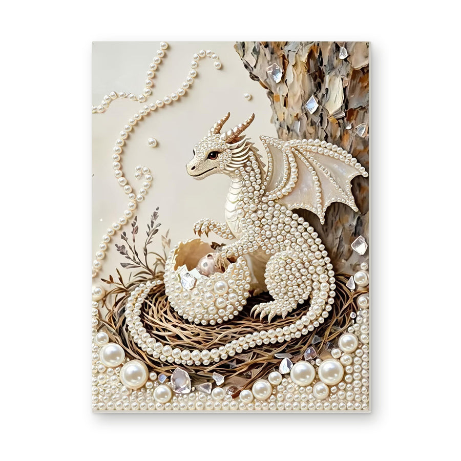 Straight dimensional white-background mockup of the complete artwork — White Pearl Dragon Guarding a Nest. Pearl diamond painting DIY kit by Isuvio.