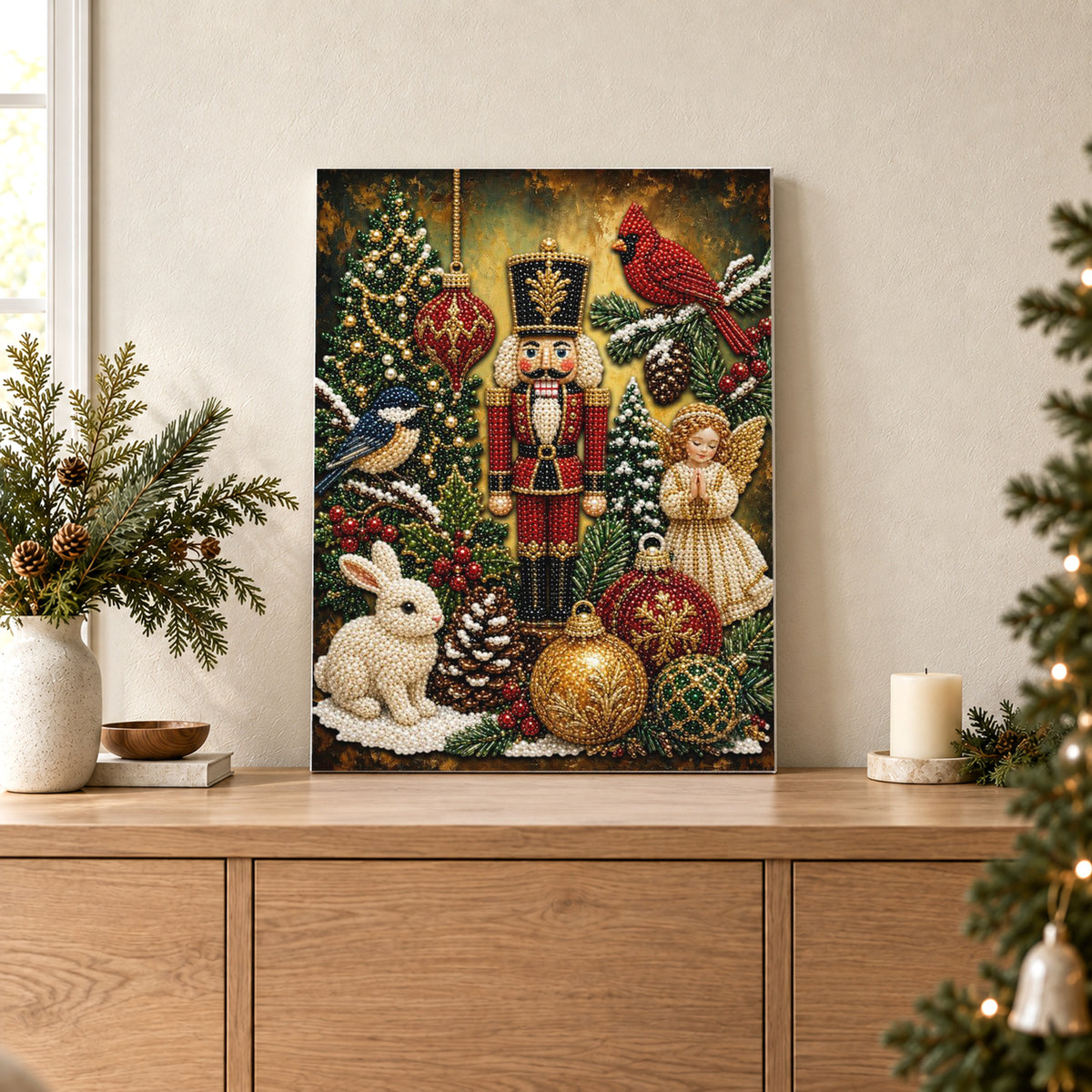 Casse-noisette de Noël avec un oiseau cardinal et un lapin