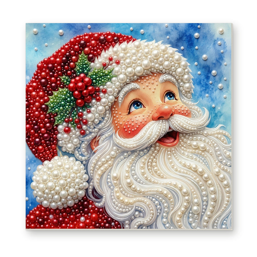 Straight dimensional white-background mockup of the complete artwork — Smiling Santa beneath a Snowy Blue Sky. Pearl diamond painting DIY kit by Isuvio.