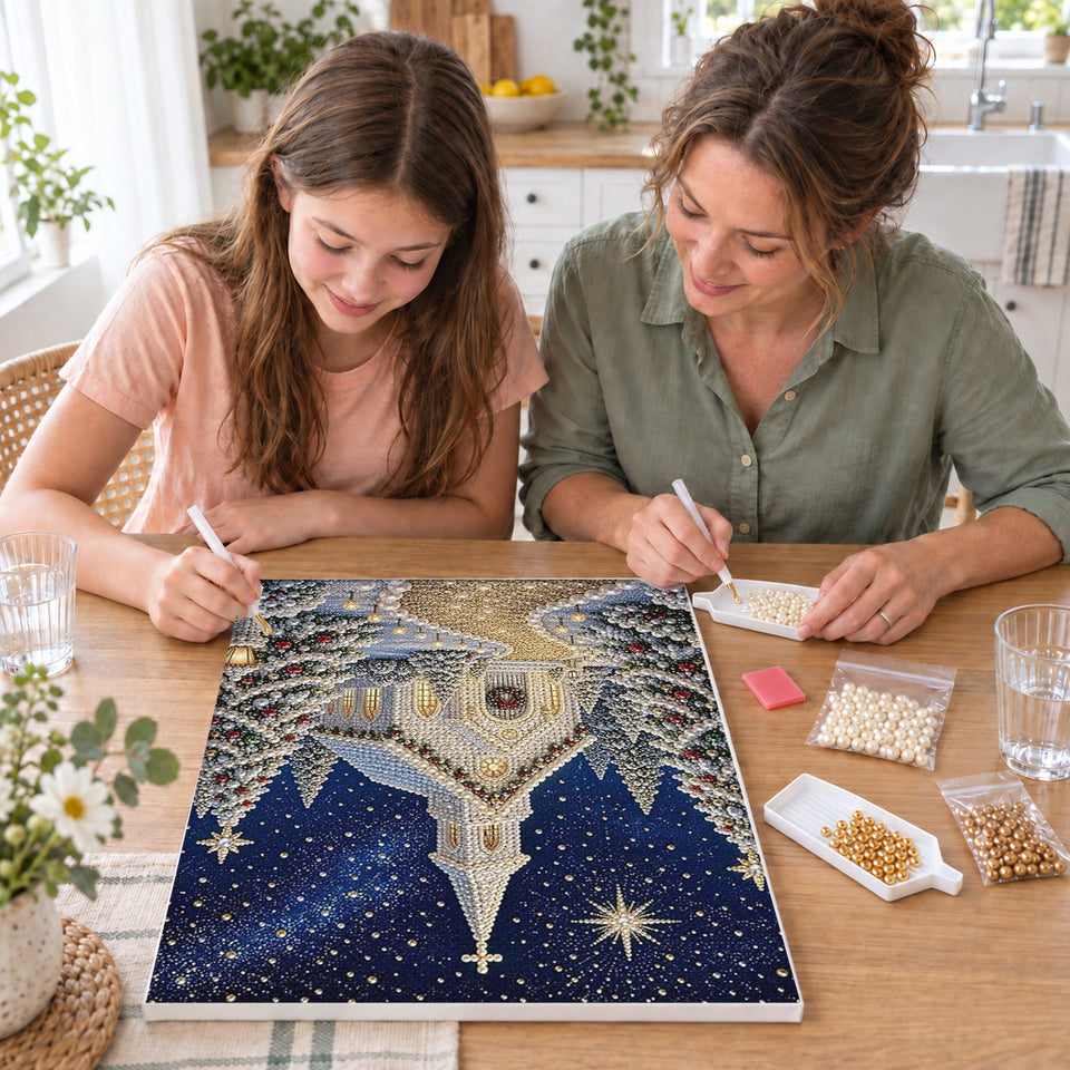 Mother and daughter creating one shared Pearl artwork — Snowy Christmas Chapel Under the Stars. Pearl diamond painting DIY kit by Isuvio.