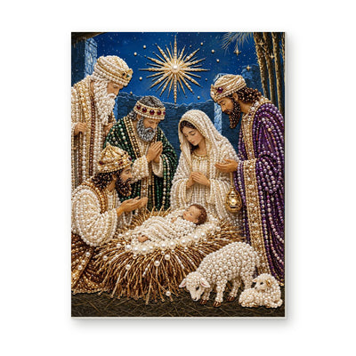Straight dimensional white-background mockup of the complete artwork — Three Wise Men at the Manger. Pearl diamond painting DIY kit by Isuvio.