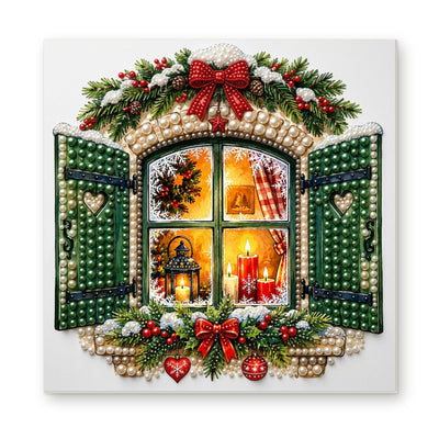 Straight dimensional white-background mockup of the complete artwork — Candlelit Christmas Window with Green Shutters. Pearl diamond painting DIY kit by Isuvio.