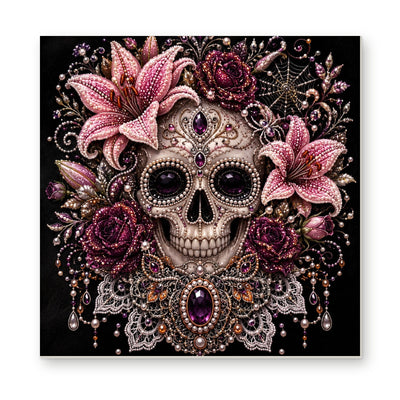 Straight dimensional white-background mockup of the complete artwork — Ornate Skull with Pink Lilies and Purple Jewels. Pearl diamond painting DIY kit by Isuvio.