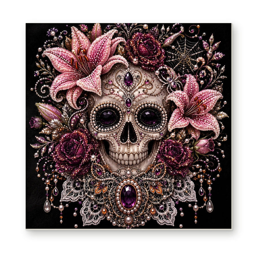 Straight dimensional white-background mockup of the complete artwork — Ornate Skull with Pink Lilies and Purple Jewels. Pearl diamond painting DIY kit by Isuvio.