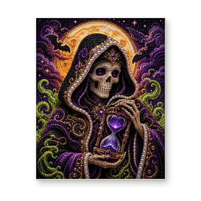 Straight dimensional white-background mockup of the complete artwork — Hooded Skeleton Holding a Purple Hourglass. Pearl diamond painting DIY kit by Isuvio.