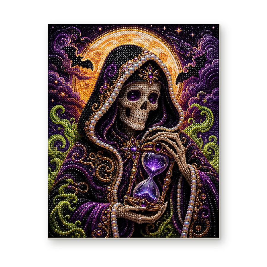 Straight dimensional white-background mockup of the complete artwork — Hooded Skeleton Holding a Purple Hourglass. Pearl diamond painting DIY kit by Isuvio.