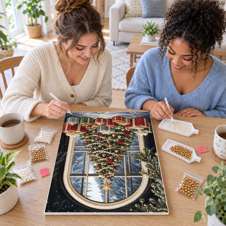 Two friends creating one shared Pearl artwork — Gifts Beneath the Arched Window Tree. Pearl diamond painting DIY kit by Isuvio.