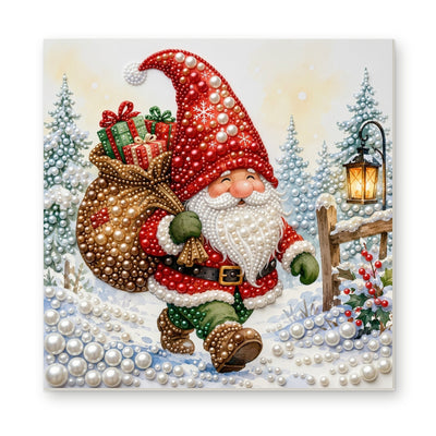 Straight dimensional white-background mockup of the complete artwork — Christmas Gnome Carrying Gifts through the Snow. Pearl diamond painting DIY kit by Isuvio.