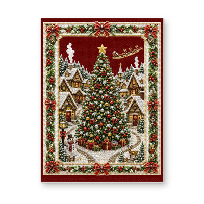 Straight dimensional white-background mockup of the complete artwork — Christmas Village Tree and Red Bows. Pearl diamond painting DIY kit by Isuvio.