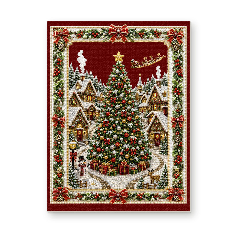 Straight dimensional white-background mockup of the complete artwork — Christmas Village Tree and Red Bows. Pearl diamond painting DIY kit by Isuvio.