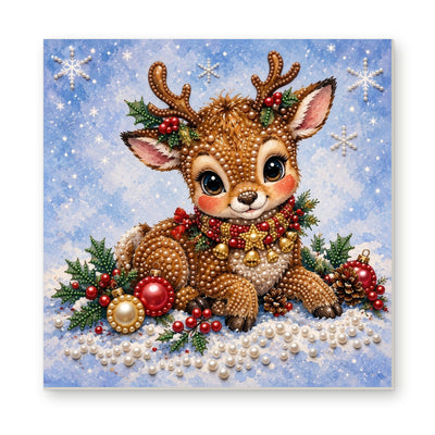 Straight dimensional white-background mockup of the complete artwork — Baby Reindeer with a Golden Star Collar. Pearl diamond painting DIY kit by Isuvio.