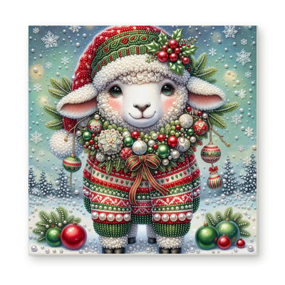 Straight dimensional white-background mockup of the complete artwork — Little Lamb in a Christmas Hat and Festive Sweater. Pearl diamond painting DIY kit by Isuvio.