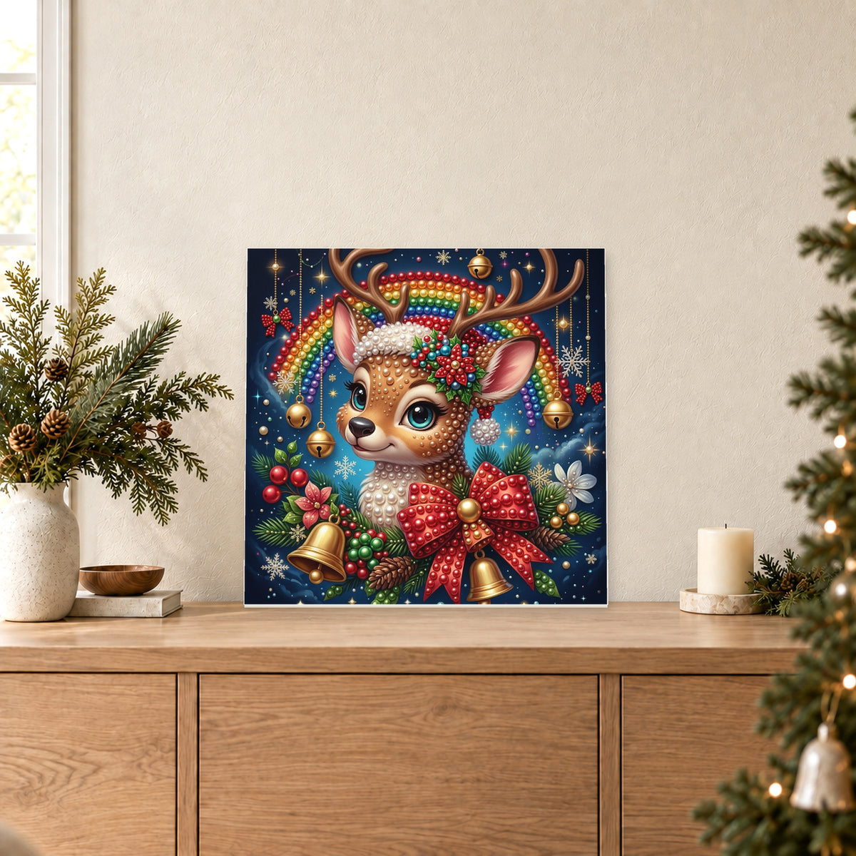 Reno navideño con adornos en las astas