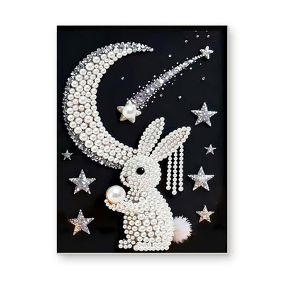 Straight dimensional white-background mockup of the complete artwork — Pearl Rabbit Beneath a Crescent and Shooting Star. Pearl diamond painting DIY kit by Isuvio.
