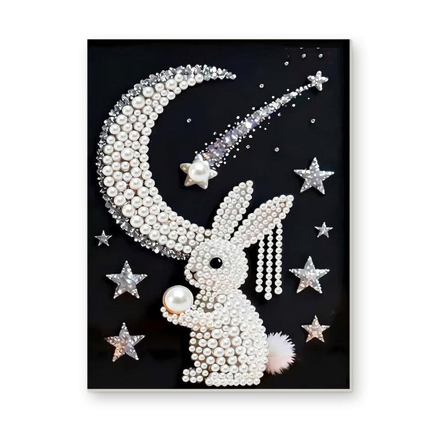 Straight dimensional white-background mockup of the complete artwork — Pearl Rabbit Beneath a Crescent and Shooting Star. Pearl diamond painting DIY kit by Isuvio.