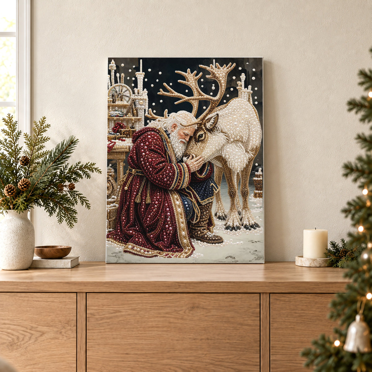 Babbo Natale abbraccia la renna bianca