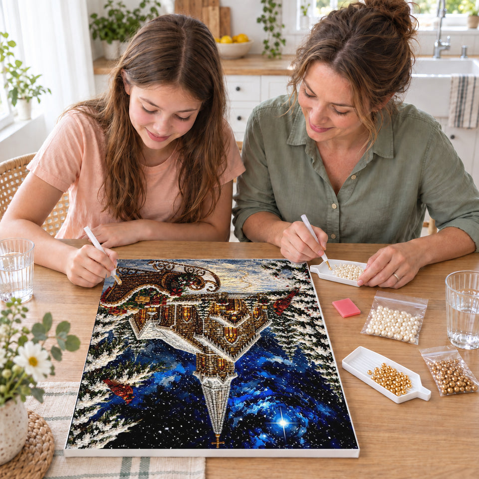 Mother and daughter creating one shared Pearl artwork — Starry Christmas Church and Sleigh. Pearl diamond painting DIY kit by Isuvio.
