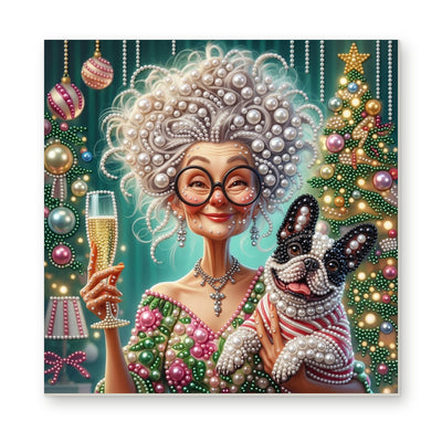Straight dimensional white-background mockup of the complete artwork — Christmas Toast with a French Bulldog. Pearl diamond painting DIY kit by Isuvio.