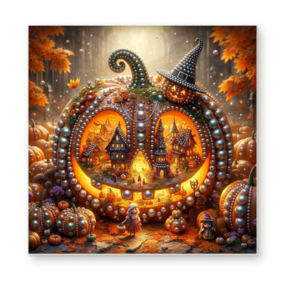 Straight dimensional white-background mockup of the complete artwork — Tiny Haunted Village inside a Pumpkin. Pearl diamond painting DIY kit by Isuvio.