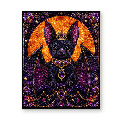 Straight dimensional white-background mockup of the complete artwork — Jeweled Purple Bat Beneath a Harvest Moon. Pearl diamond painting DIY kit by Isuvio.