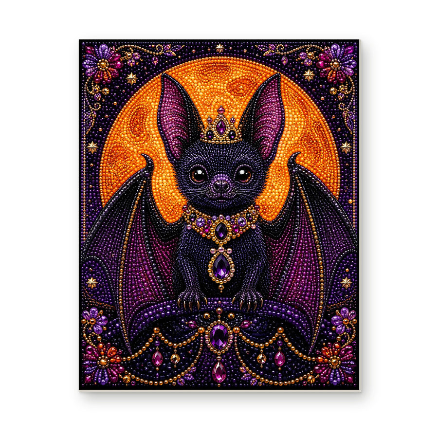 Straight dimensional white-background mockup of the complete artwork — Jeweled Purple Bat Beneath a Harvest Moon. Pearl diamond painting DIY kit by Isuvio.