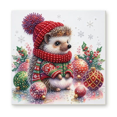 Straight dimensional white-background mockup of the complete artwork — Hedgehog in a Christmas Sweater with Ornaments. Pearl diamond painting DIY kit by Isuvio.