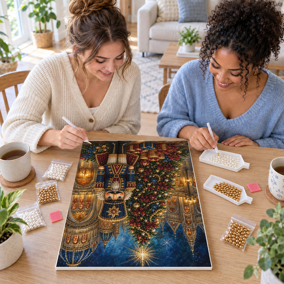 Two friends creating one shared Pearl artwork — Blue Nutcracker in a Christmas Cathedral Square. Pearl diamond painting DIY kit by Isuvio.