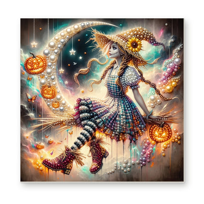 Straight dimensional white-background mockup of the complete artwork — Sunflower Witch on a Broom Beneath a Crescent Moon. Pearl diamond painting DIY kit by Isuvio.