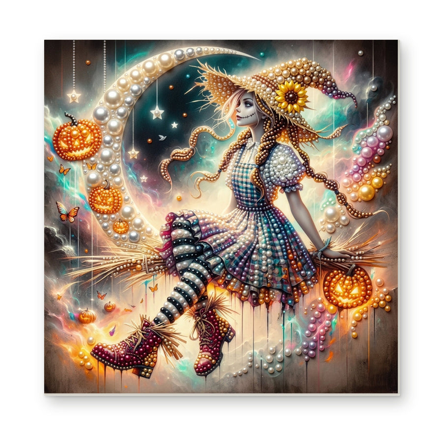 Straight dimensional white-background mockup of the complete artwork — Sunflower Witch on a Broom Beneath a Crescent Moon. Pearl diamond painting DIY kit by Isuvio.