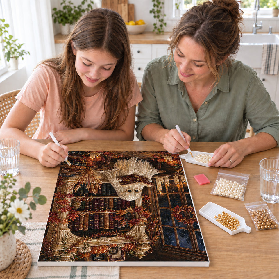 Mother and daughter creating one shared Pearl artwork — Reading Ghost in an Autumn Library. Pearl diamond painting DIY kit by Isuvio.