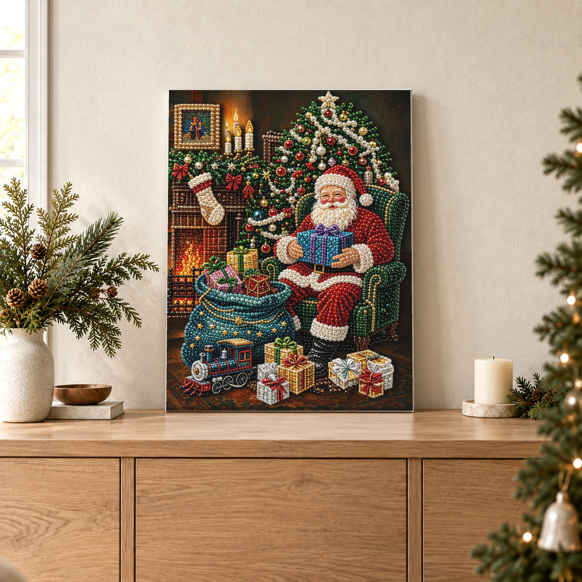 Babbo Natale accanto al camino natalizio