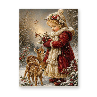 Straight dimensional white-background mockup of the complete artwork — Winter Girl with Fawns and Holly. Pearl diamond painting DIY kit by Isuvio.