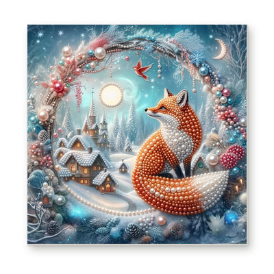 Straight dimensional white-background mockup of the complete artwork — Winter Fox in a Moonlit Village Wreath. Pearl diamond painting DIY kit by Isuvio.